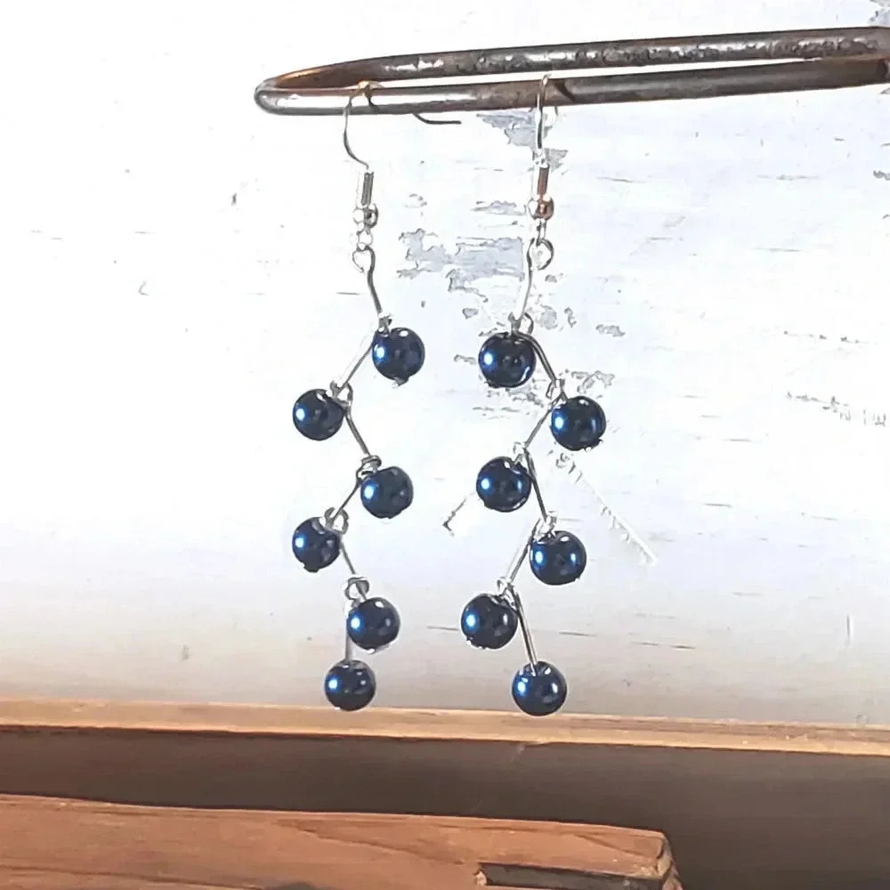 Hand Crafted Blue Glass Pearl Long Zig Zag Geometric Dangle Earrings